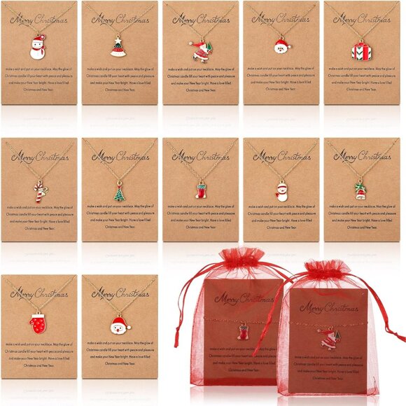 Elegant Christmas Jewelry Set: 24 Festive Necklaces with Cards & Bags for Women - Picture 1 of 7